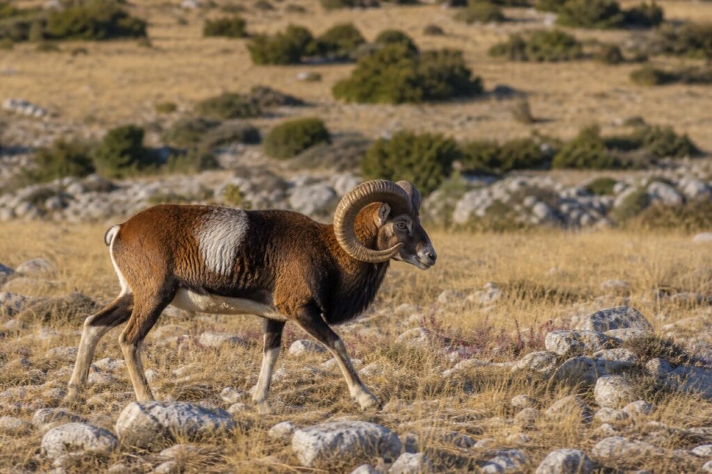 Muflone mediterraneo maschio in cammino tra erba secca dorata, rocce calcaree e arbusti bassi