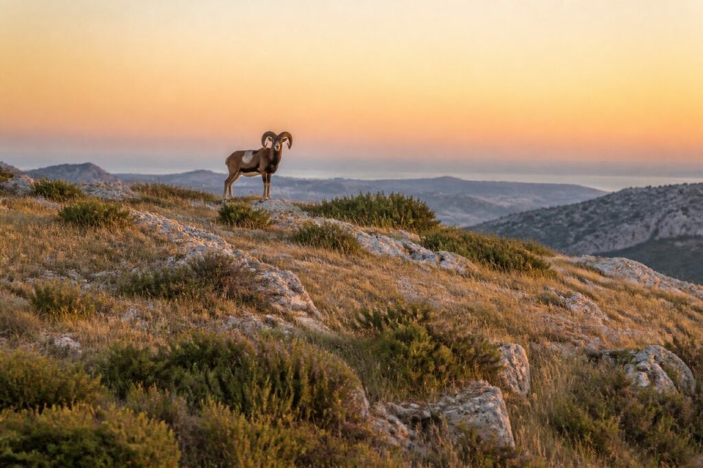 Muflone mediterraneo solitario su una cresta calcarea all’alba sopra colline azzurre lontane