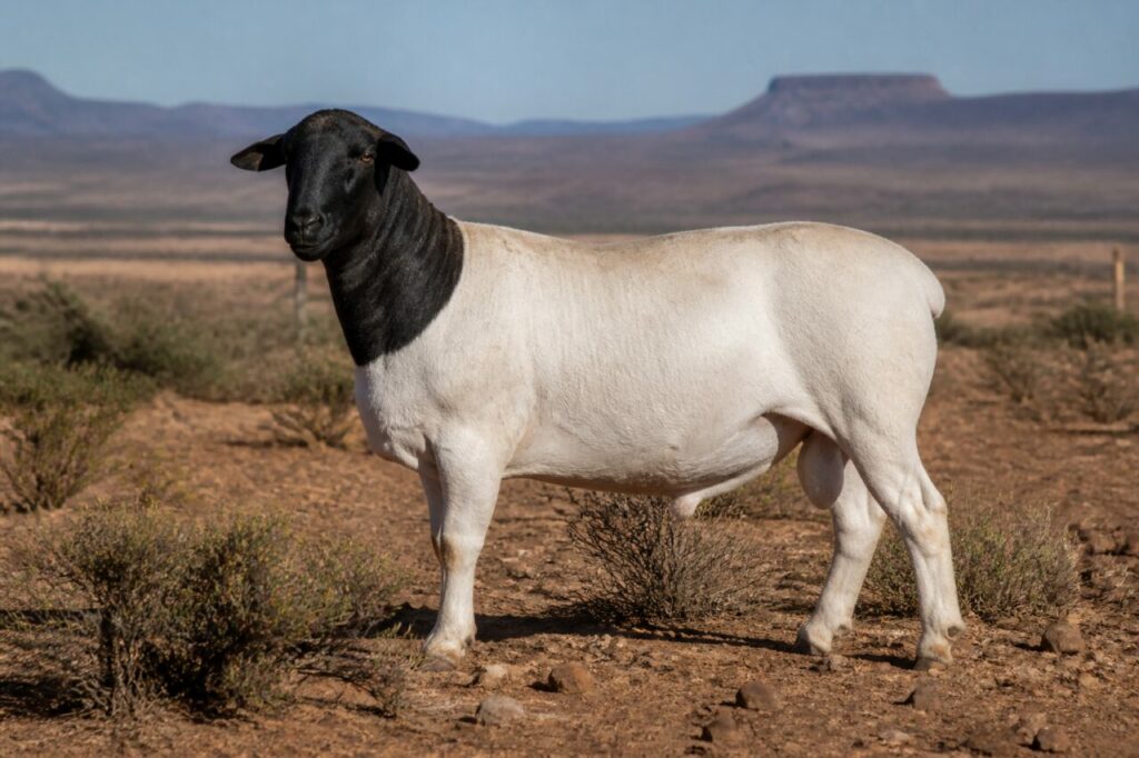 Mouton Dorper adulte dans le Karoo, Afrique du Sud