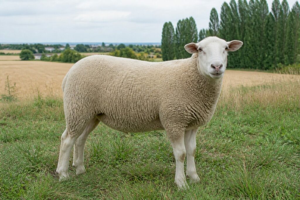 Mouton Île-de-France adulte dans une ferme céréalière d’Île-de-France, France