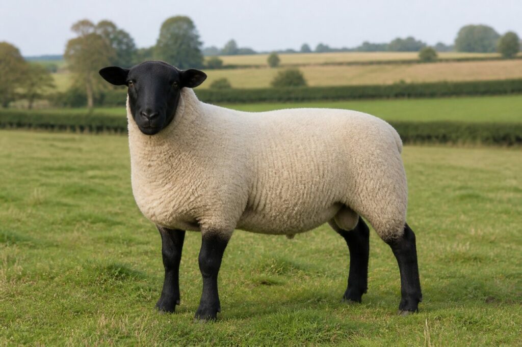Mouton Suffolk adulte dans une prairie du Suffolk, Angleterre