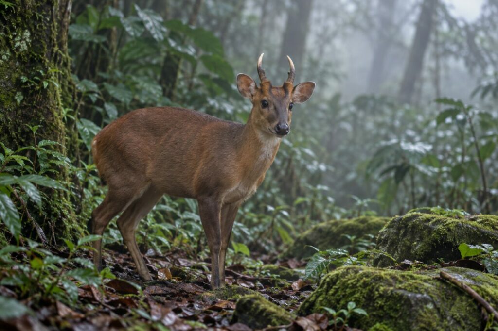 Muntiacue da floresta asiática — standing in a misty forest clearing