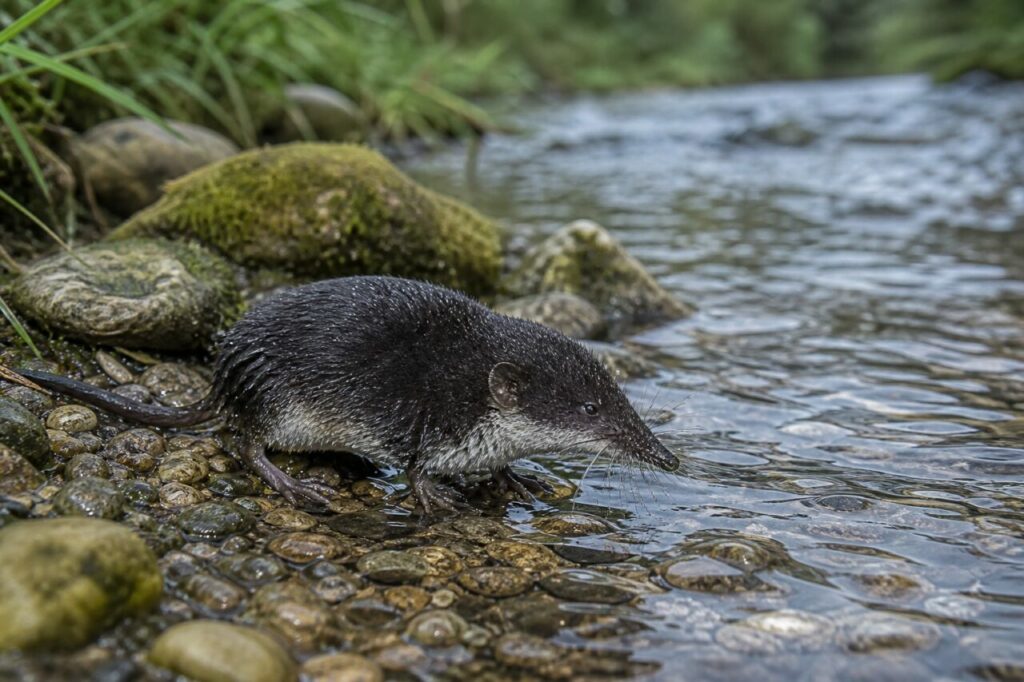 Musaraigne aquatique Neomys fodiens seule au bord d’un radier clair de ruisseau boisé européen