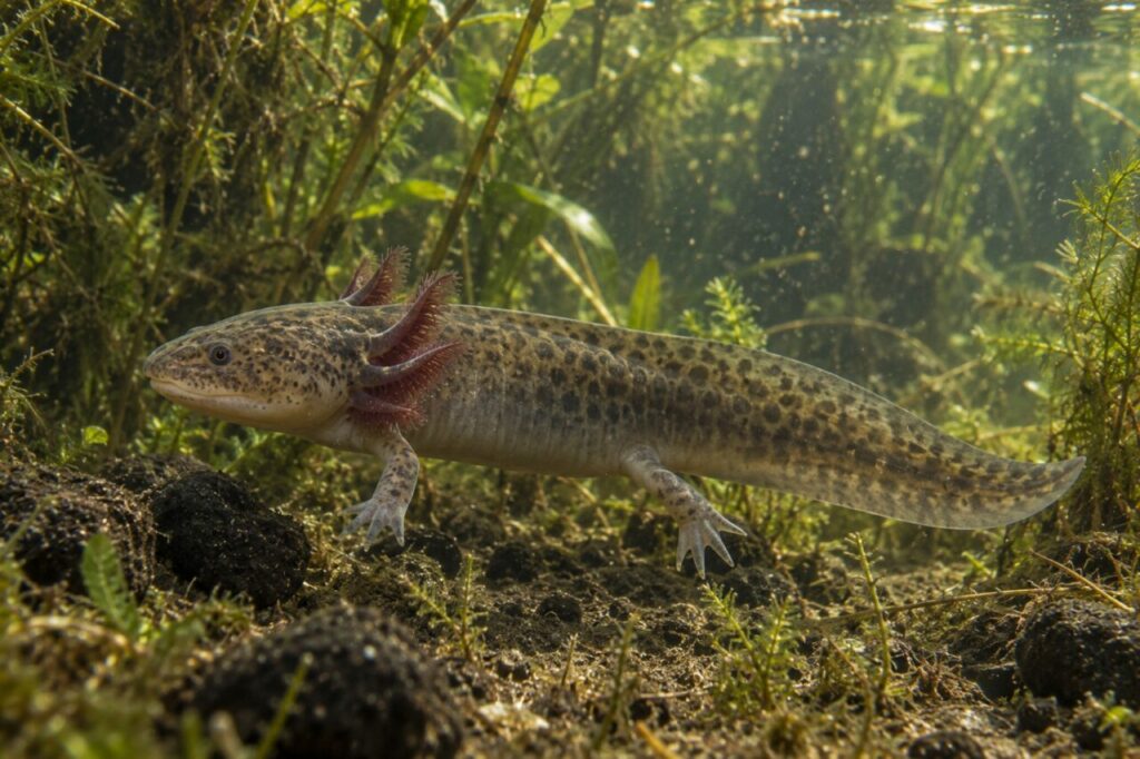 Nage lente d’un axolotl sauvage au-dessus des pierres volcaniques