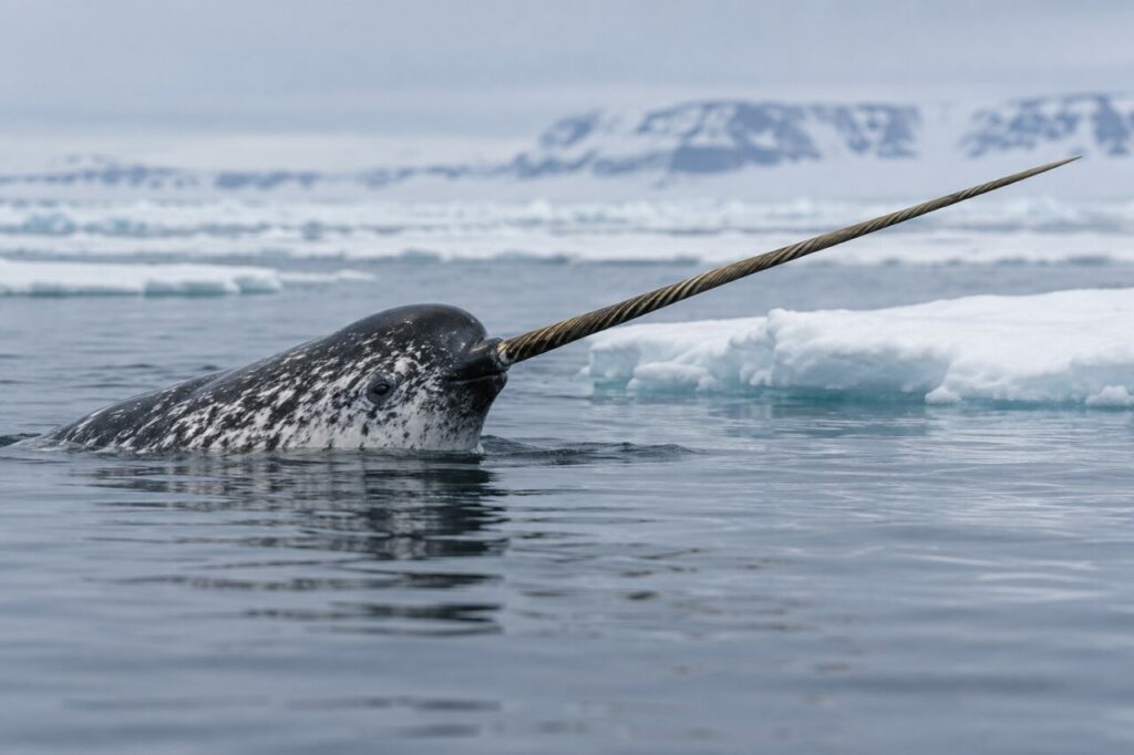 Narval-do-Ártico — a tusked male in calm water