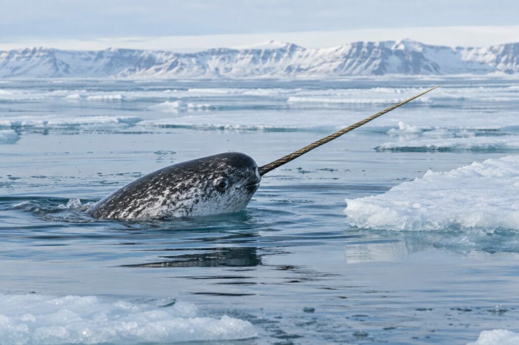 Narval-do-Ártico — surfacing beside sea ice