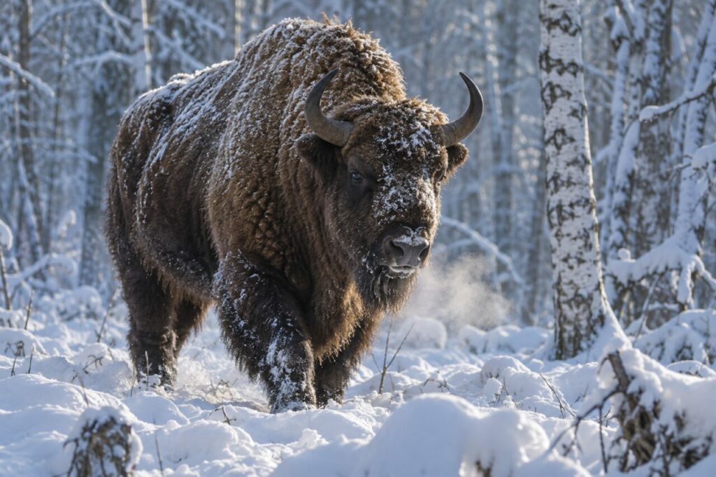 Neige sur la forêt — bison d’Europe (Bison bonasus), marchant dans la neige profonde d’une forêt polonaise