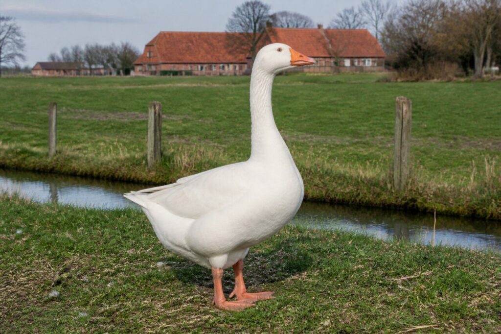 Oie d’Emden adulte dans une ferme de Basse-Saxe, Allemagne
