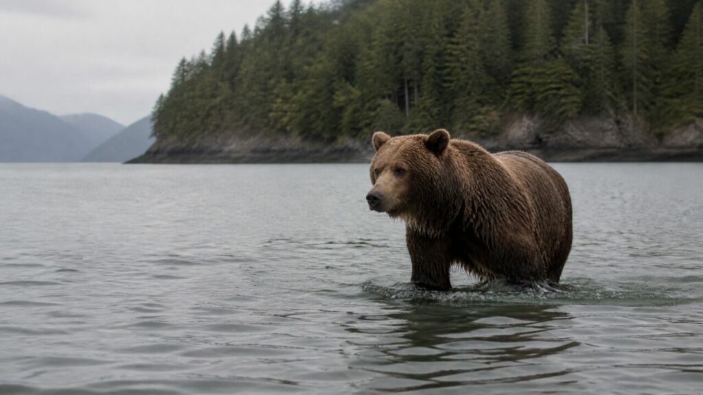 Orso lontano tra lago e foresta — Orso bruno