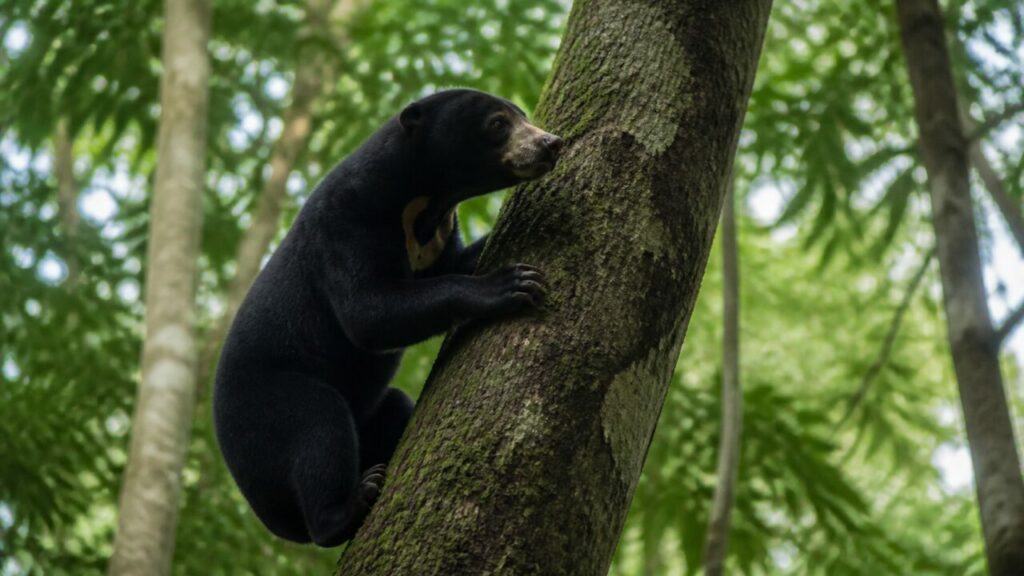 Orso malese — Zampe sollevate sul tronco inclinato