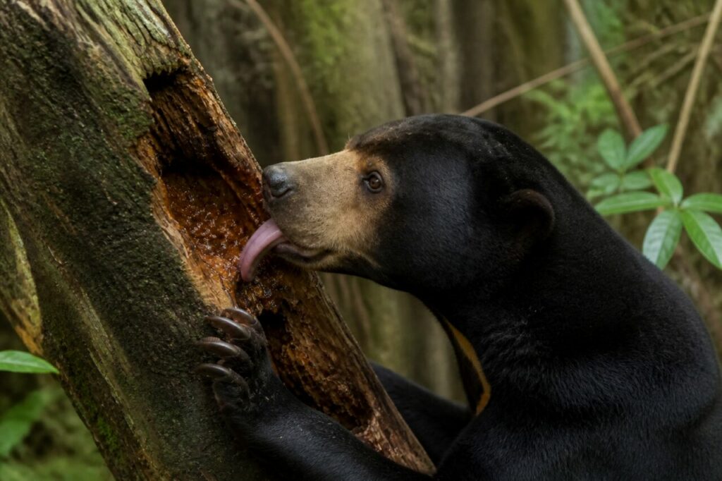 Orso malese — Artigli e lingua accanto alla corteccia