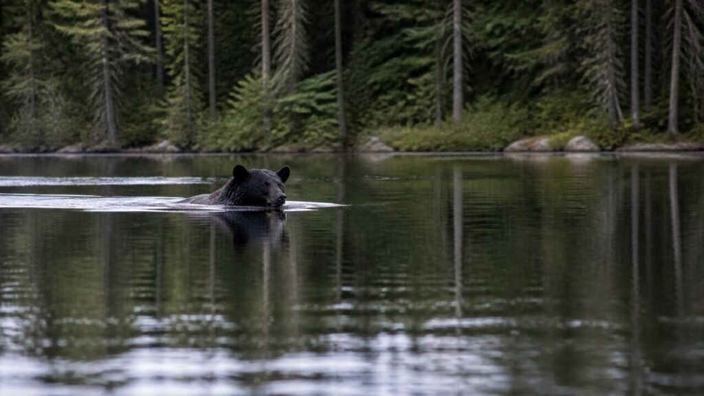 Vasto lago, piccolo orso in nuoto lontano dalla riva — Orso nero americano
