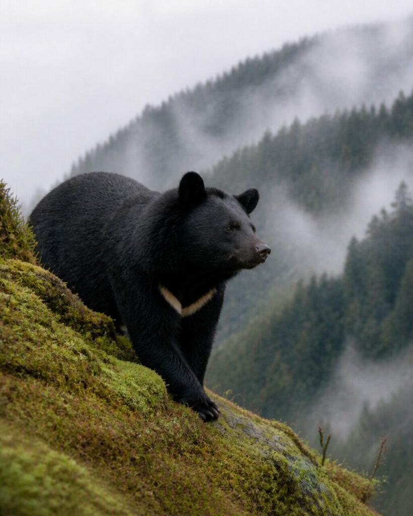 Orso nero in discesa sul versante muschioso — Orso nero asiatico