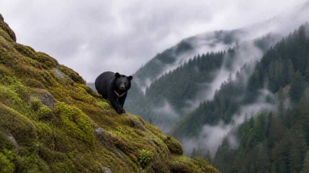 Figura scura isolata su una montagna verde — Orso nero asiatico