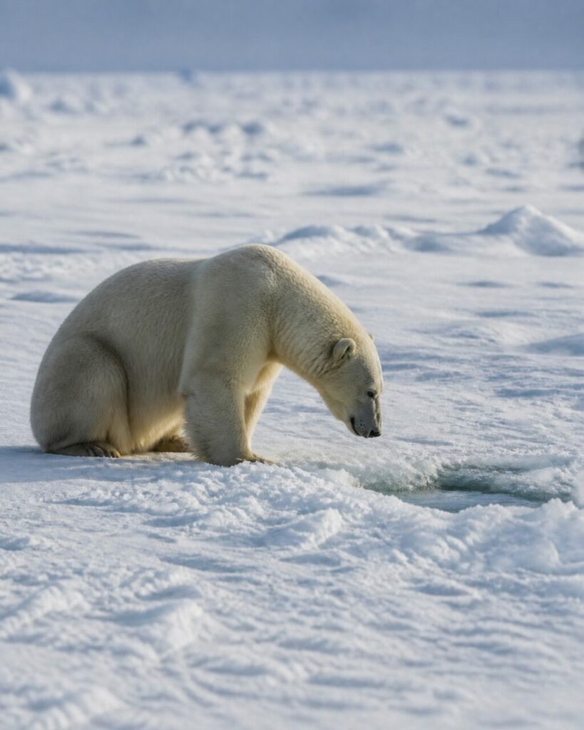 Seduto sul ghiaccio, il grande orso piega il collo verso una fessura — Orso polare