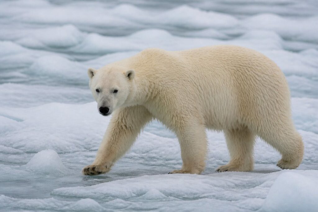 Sul ghiaccio cammina lʼorso dal naso nero — Orso polare