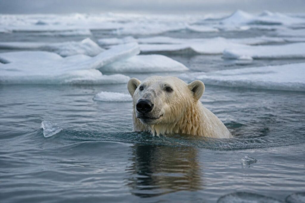 Pelliccia crema dellʼorso tra le onde grigie — Orso polare che nuota