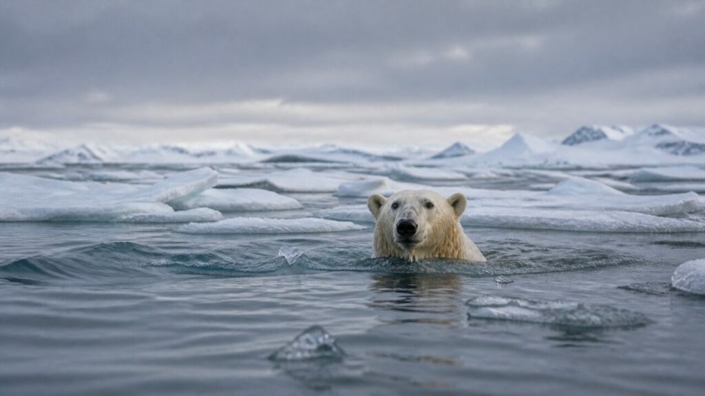 Minuscolo orso bianco tra banchisa e montagne — Orso polare che nuota
