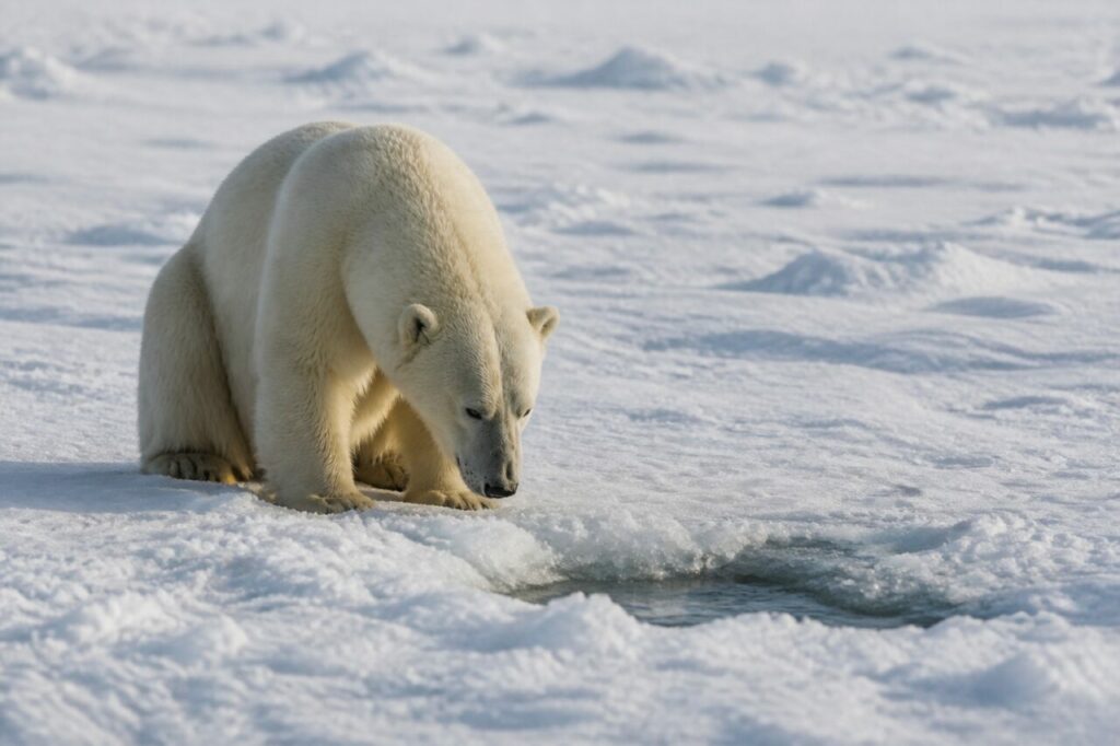 Saldo sulla neve, lʼorso avvicina il muso allʼacqua libera, contorni leggibili — Orso polare