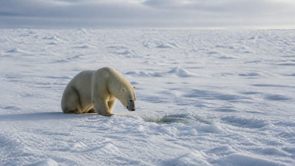 Minuscolo nella distesa gelata, un orso si china verso istante calmo — Orso polare