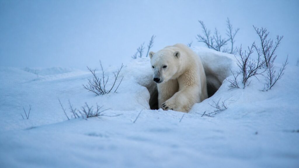Cavità nella neve con un orso bianco distante — Orso polare