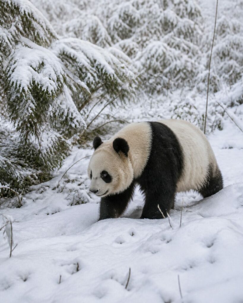 Passaggio sotto rami innevati — Panda gigante