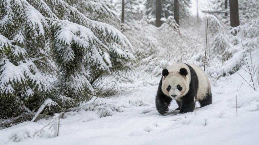 Figura bianca e nera in un varco innevato nel bosco — Panda gigante