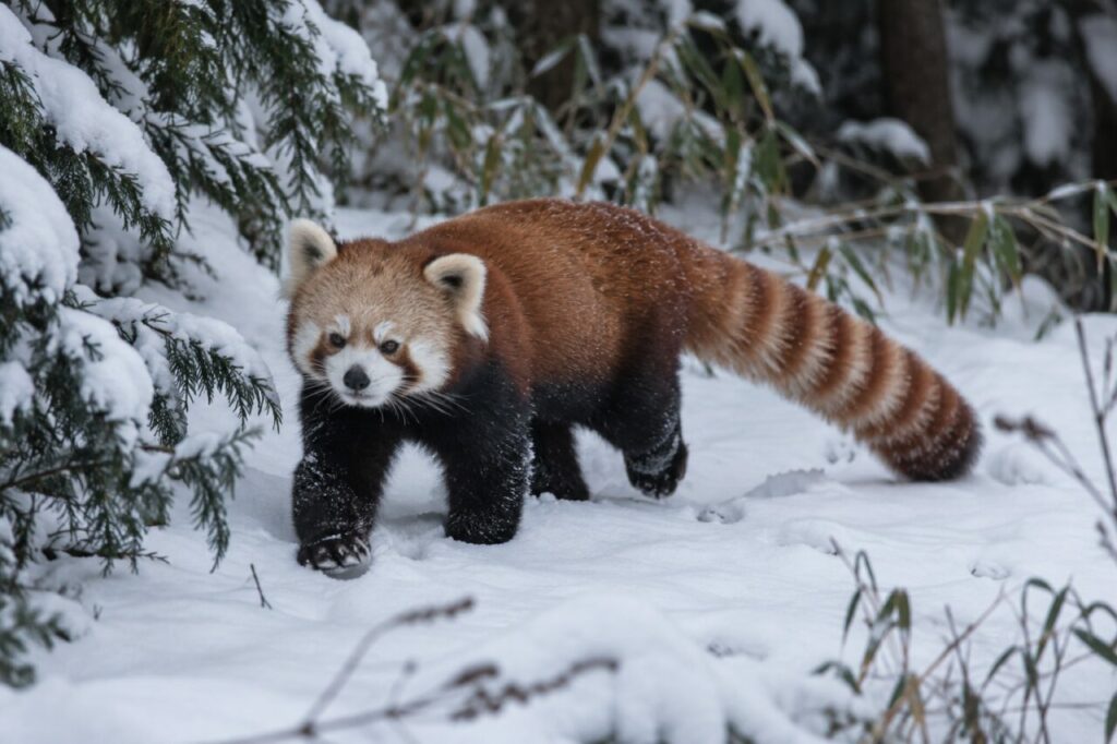 Panda roux marchant dans la neige sous des conifères