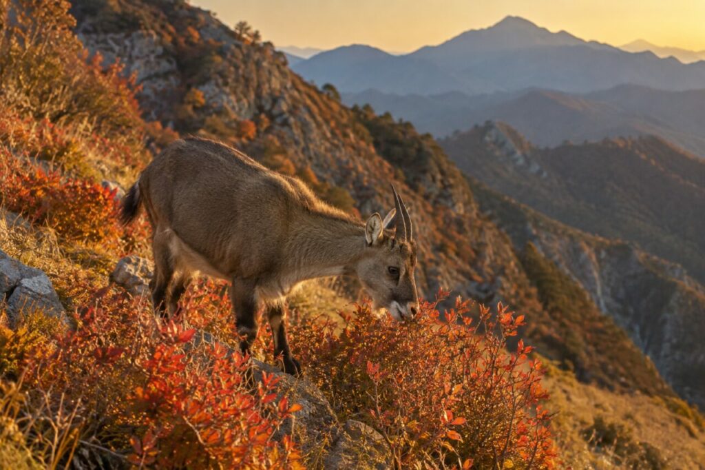 Parmi les arbustes roux, goral de Chine sur le versant