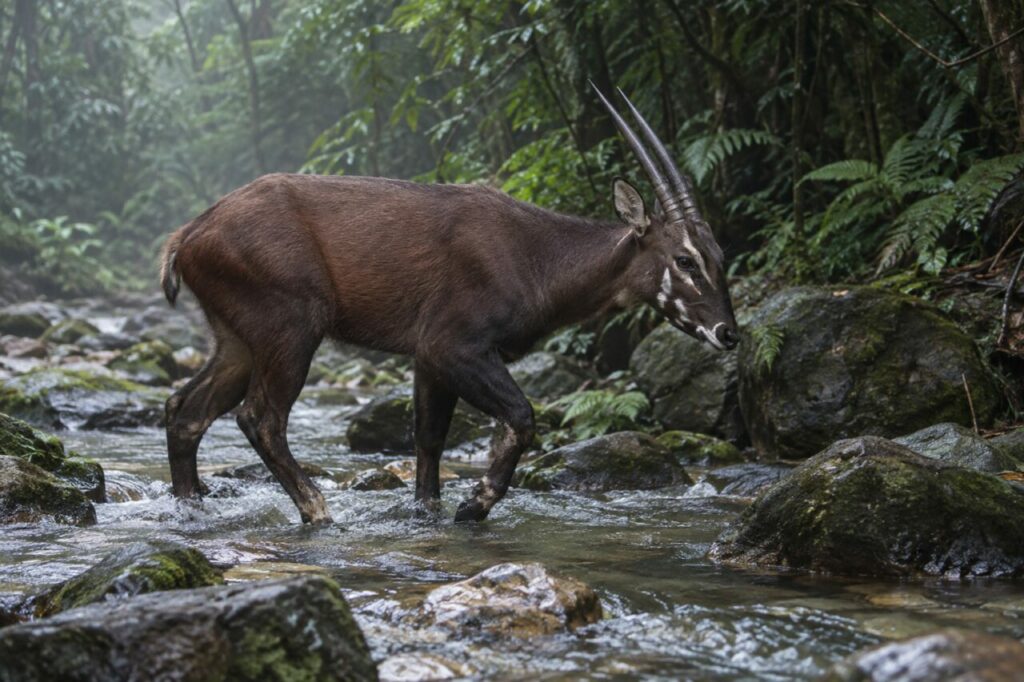 Passage forestier — saola (Pseudoryx nghetinhensis) traversant un ruisseau rocheux des montagnes annamitiques