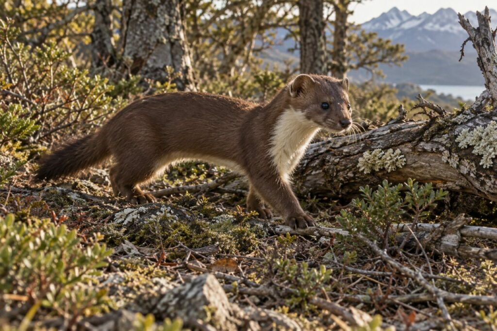 Patagonian weasel beside a Patagonian shrub