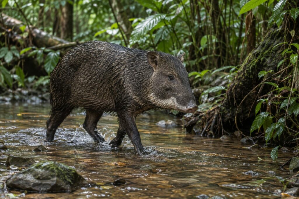 White-lipped peccary — crossing a shallow forest stream