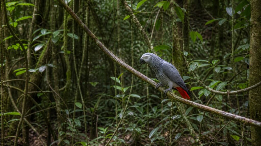 Pappagallo cenerino africano — Uccello tra tronchi lontani