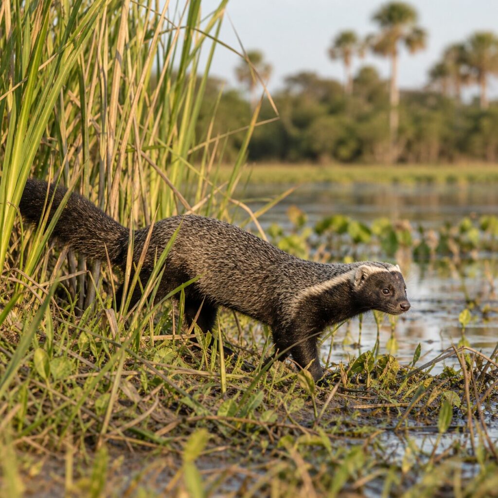 Petit grison entre les roseaux d’une lagune du Pantanal