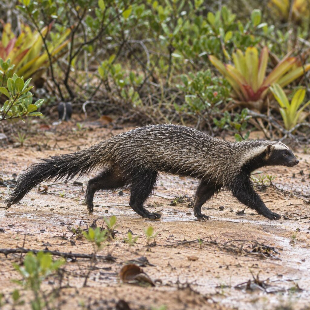 Petit grison trottant sur un sentier sableux du cerrado