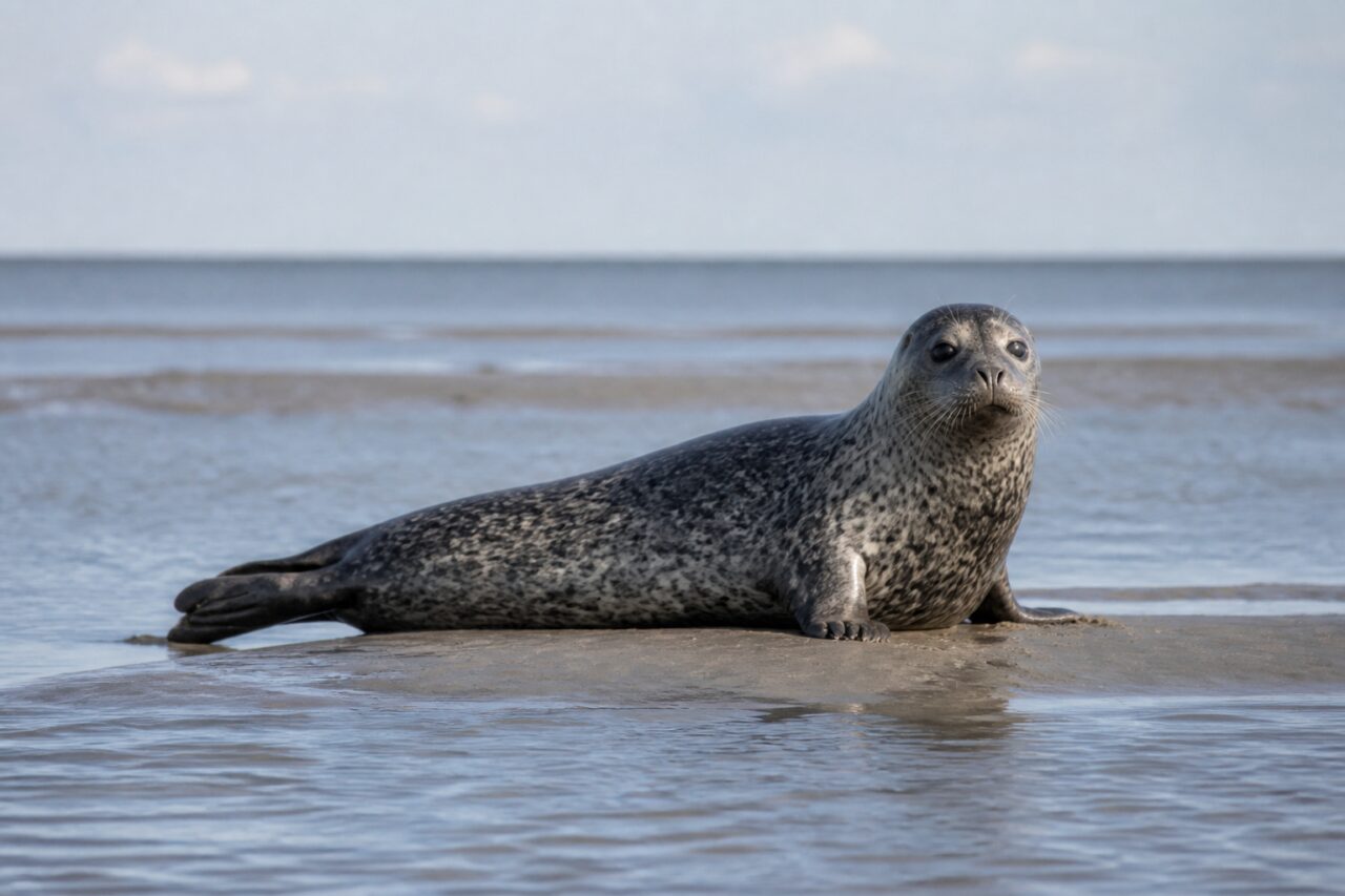 Phoque commun allongé sur un banc de sable des îles Wadden à marée basse