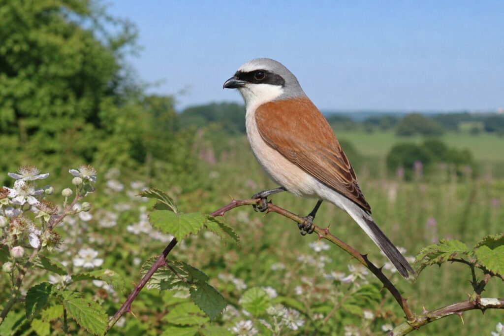 Pie-grièche écorcheur de trois quarts sur une ronce fleurie dans une prairie