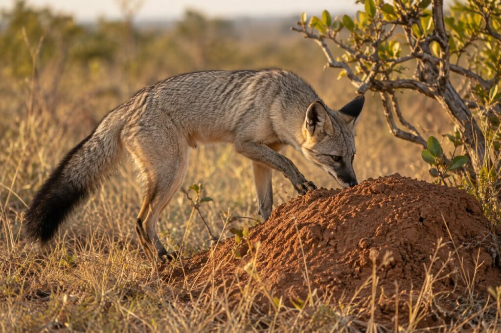 Pistage — Renard des savanes flairant la terre rouge au pied d’une termitière