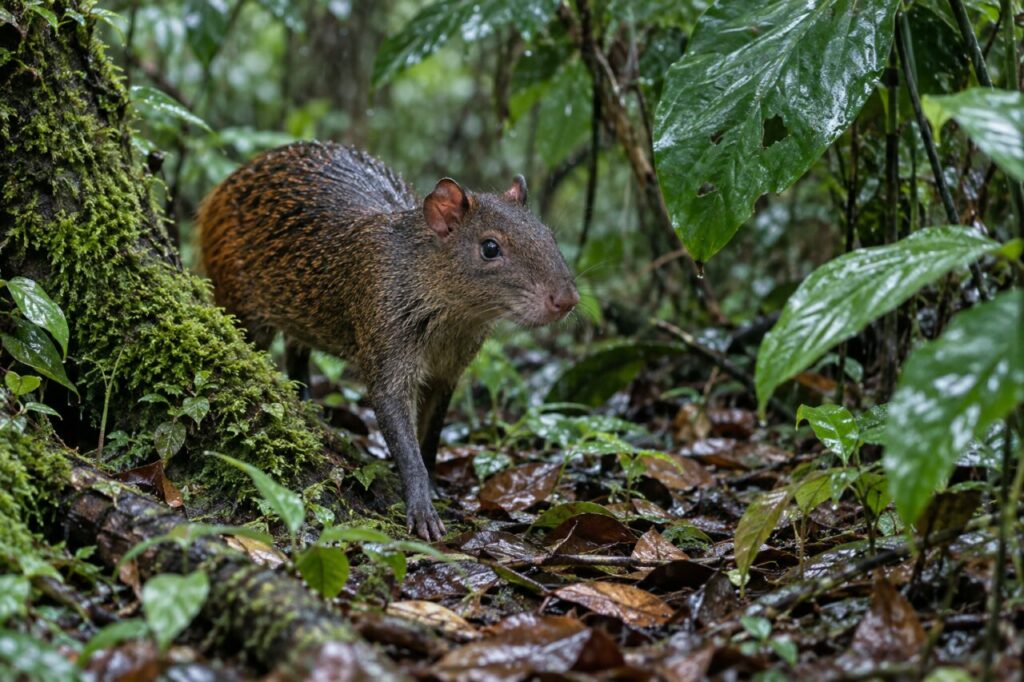 Pluie sur la mousse — agouti d’Amérique centrale (Dasyprocta punctata), sortant d’un fourré sous une pluie fine