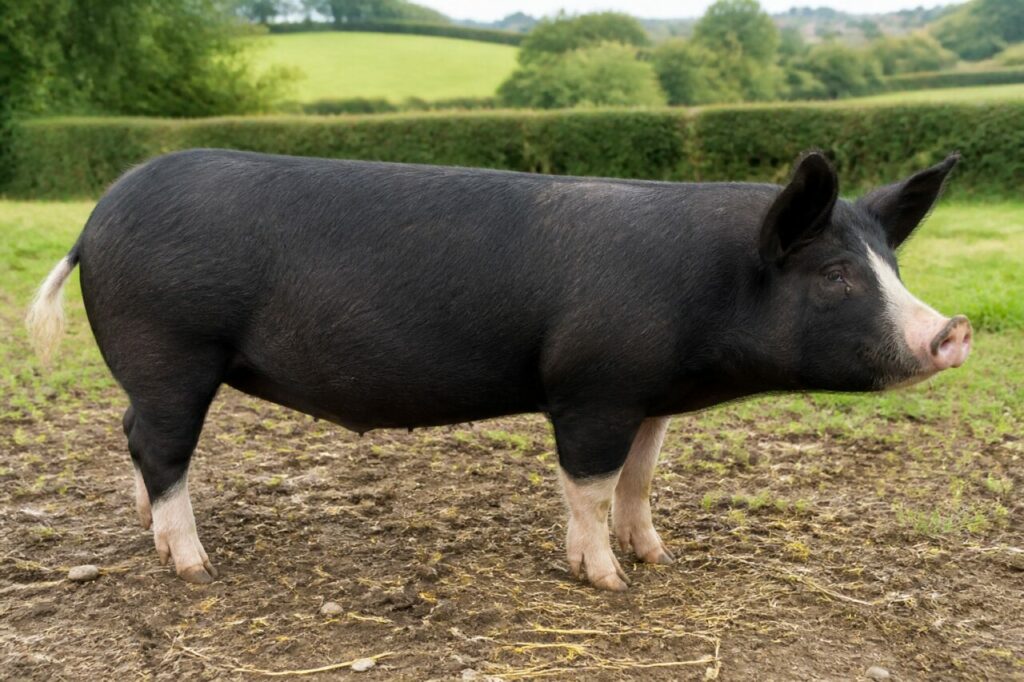 Porc Berkshire adulte dans une pâture du Berkshire, Angleterre