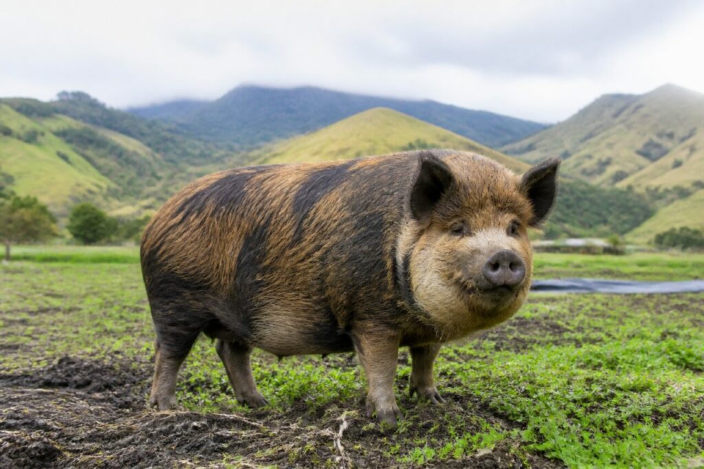Porc Kunekune adulte dans une petite ferme de l’île du Nord, Nouvelle-Zélande