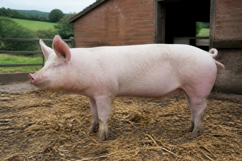 Porc Large White adulte dans une ferme du Yorkshire, Angleterre
