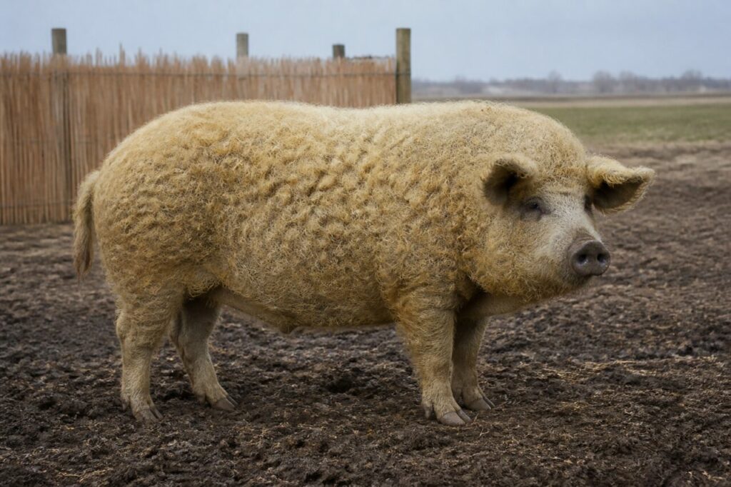 Porc Mangalitza adulte dans une ferme traditionnelle de Hongrie