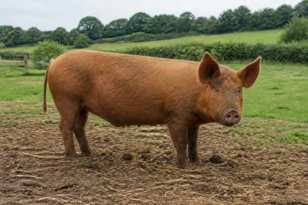 Porc Tamworth adulte dans une ferme du Staffordshire, Angleterre