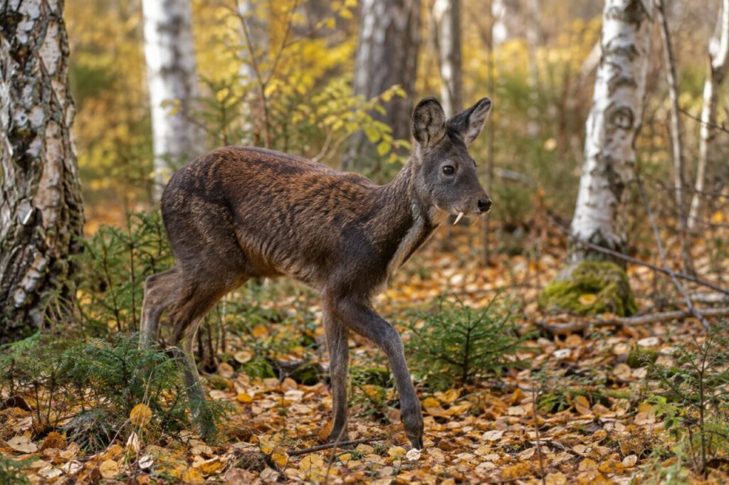 Sous les feuilles dorées, un porte-musc de Sibérie se tient dans le sous-bois de bouleaux