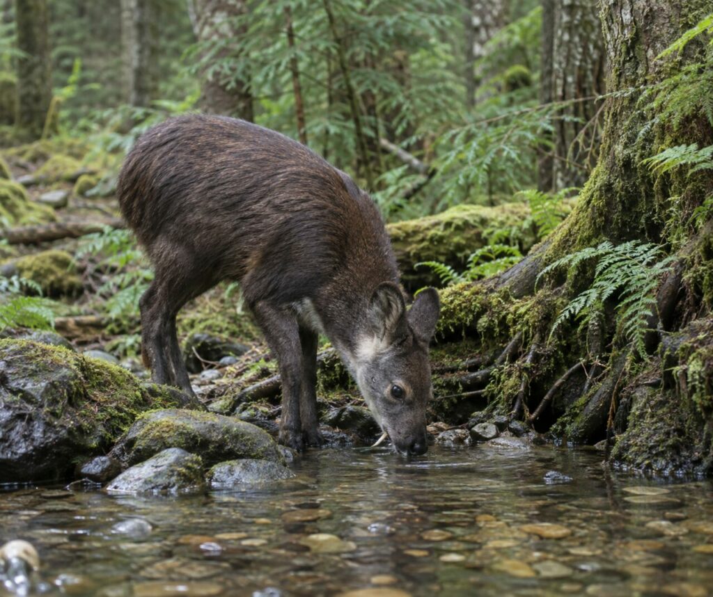 Porte-musc de Sibérie près d’un ruisseau forestier entre rochers moussus