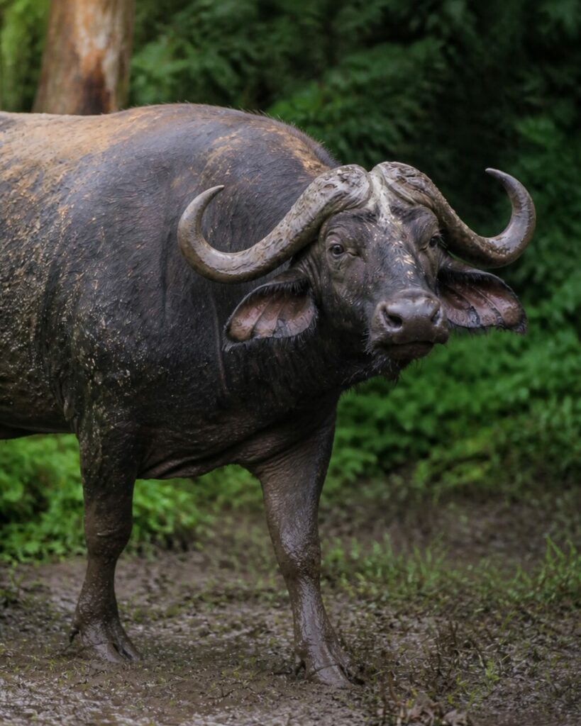 Bufalo coperto di fango fermo davanti al bosco fitto — Bufalo africano