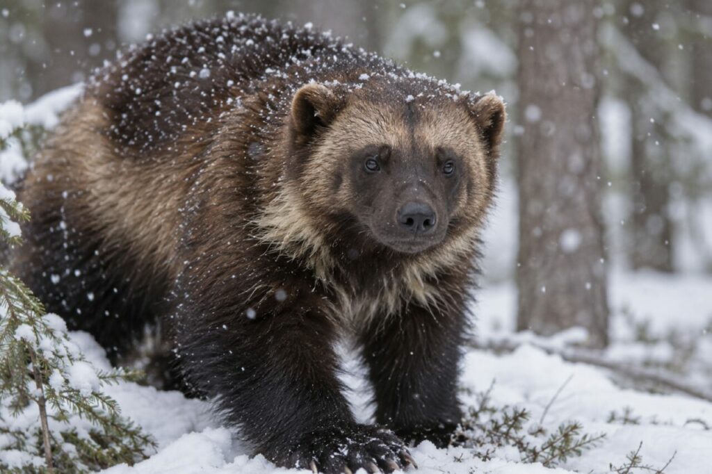 Portrait de glouton sous une légère chute de neige