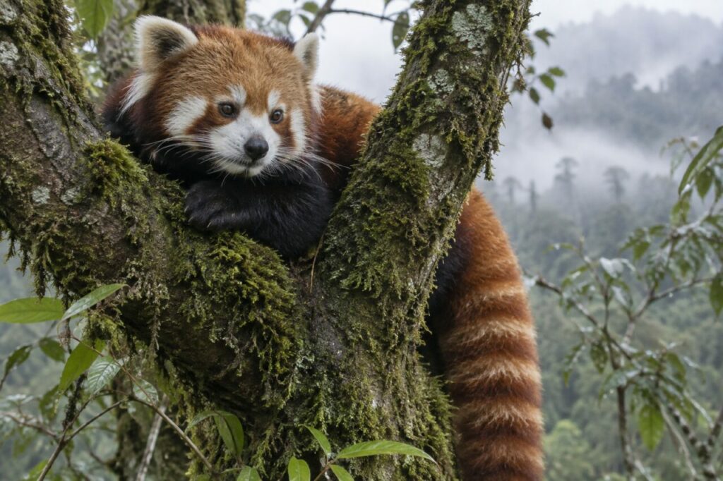 Portrait de panda roux dans la brume d’une forêt montagnarde