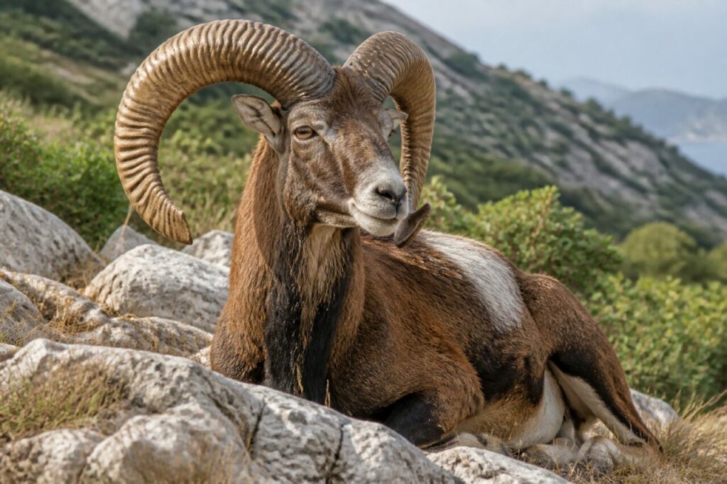 Ritratto ravvicinato di un muflone mediterraneo maschio a riposo tra rocce e pendii verdi